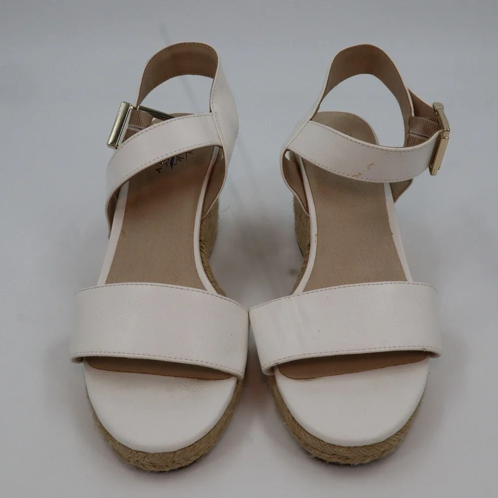 LifeStride Espadrille Wedge Sandals Womens 9.5 White Faux‎ Leather Ankle Strap
